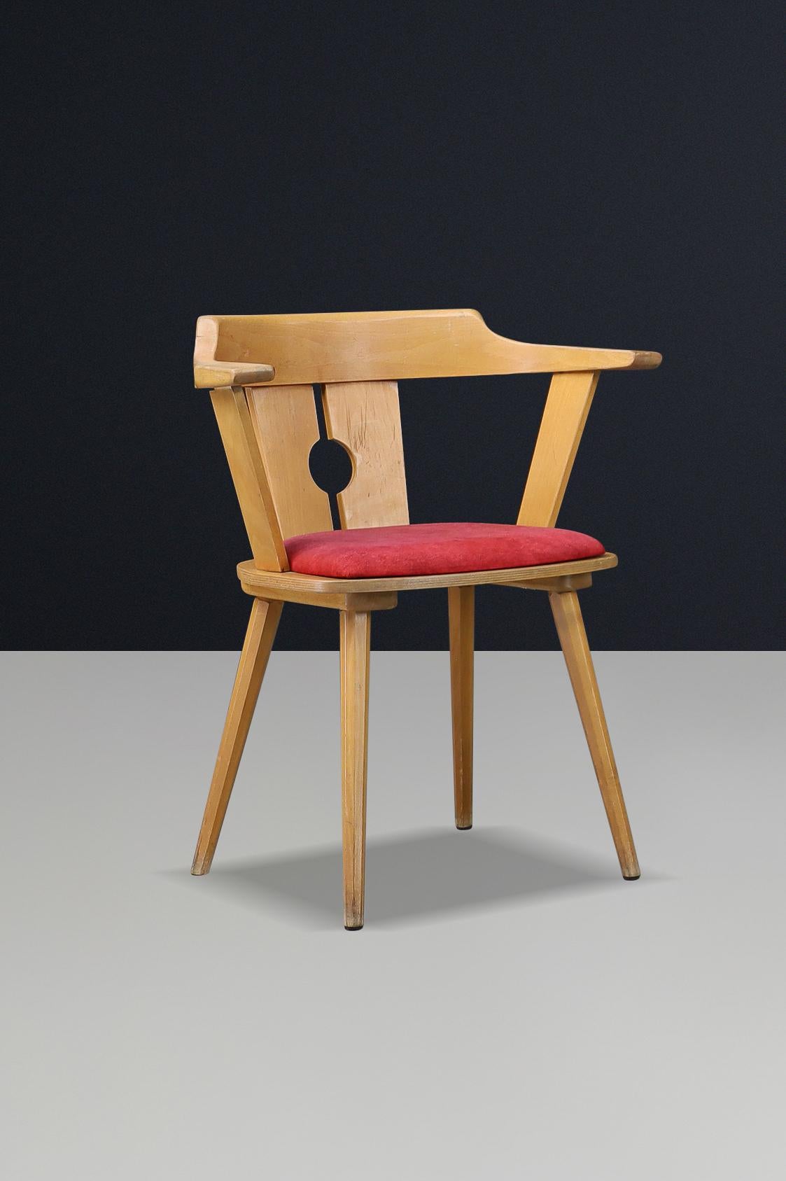 Fauteuil de bistrot français du milieu du siècle en Beeche et tapisserie rouge, années 1950 en vente 3