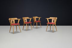 Mid-Century French Bistro Armchair in Beech and Red Upholstery, 1950s