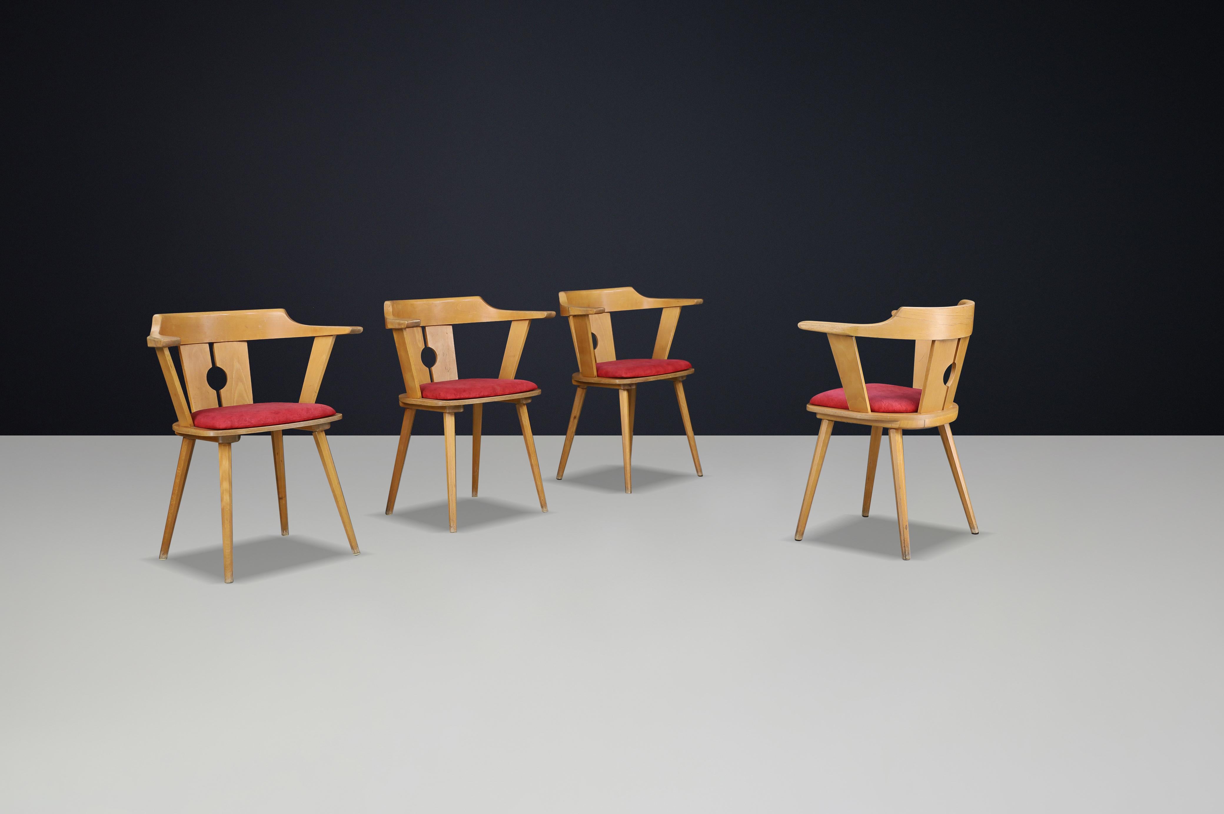 Mid-Century Modern Fauteuil de bistrot français du milieu du siècle en Beeche et tapisserie rouge, années 1950 en vente
