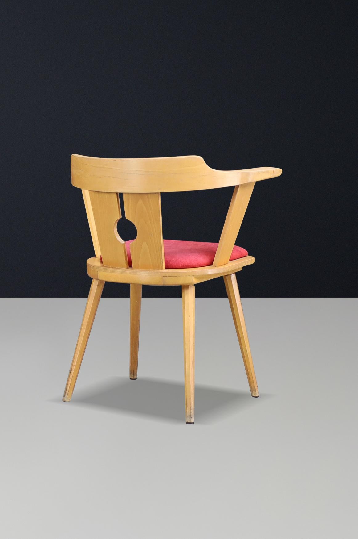 Fauteuil de bistrot français du milieu du siècle en Beeche et tapisserie rouge, années 1950 en vente 1