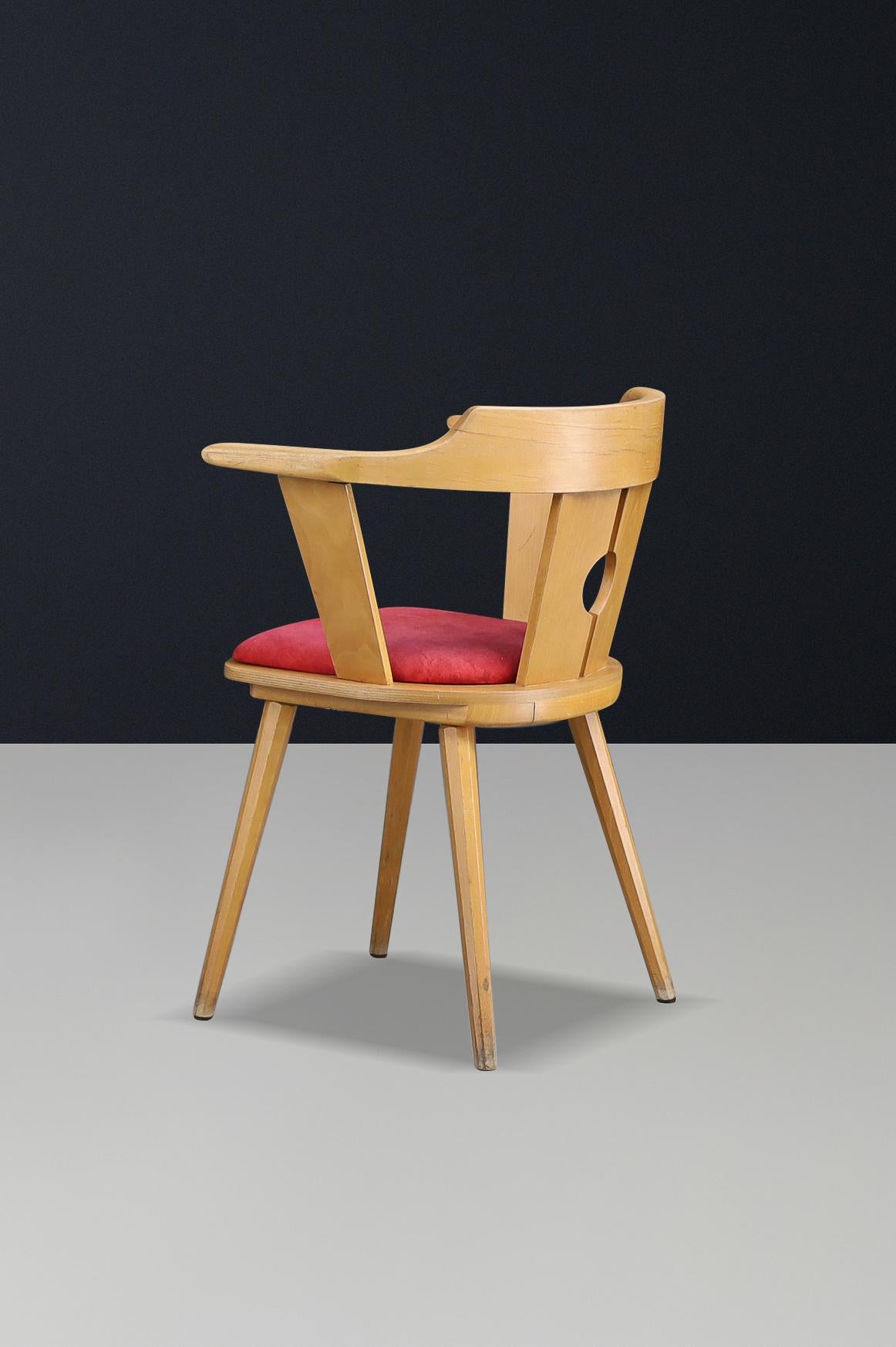 Fauteuil de bistrot français du milieu du siècle en Beeche et tapisserie rouge, années 1950 en vente 2