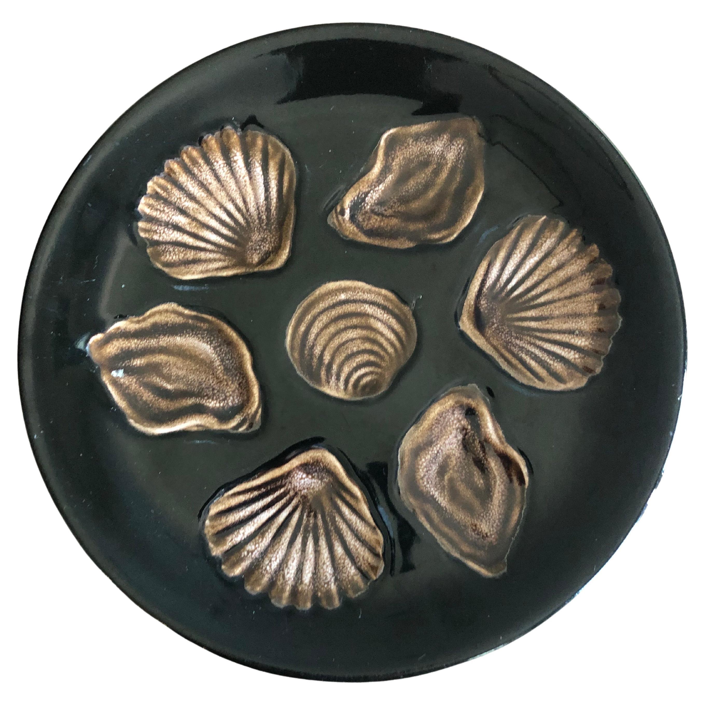 Mid-Century French Black & Brown Majolica Oyster, circa 1950