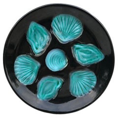 Vintage Mid-Century French Black & Green Majolica Oyster, circa 1950