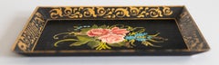 Mid-Century French Black Hand Painted Floral Gilt Tole Tray