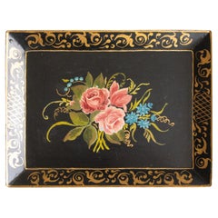 Mid-Century French Black Hand Painted Floral Gilt Tole Tray