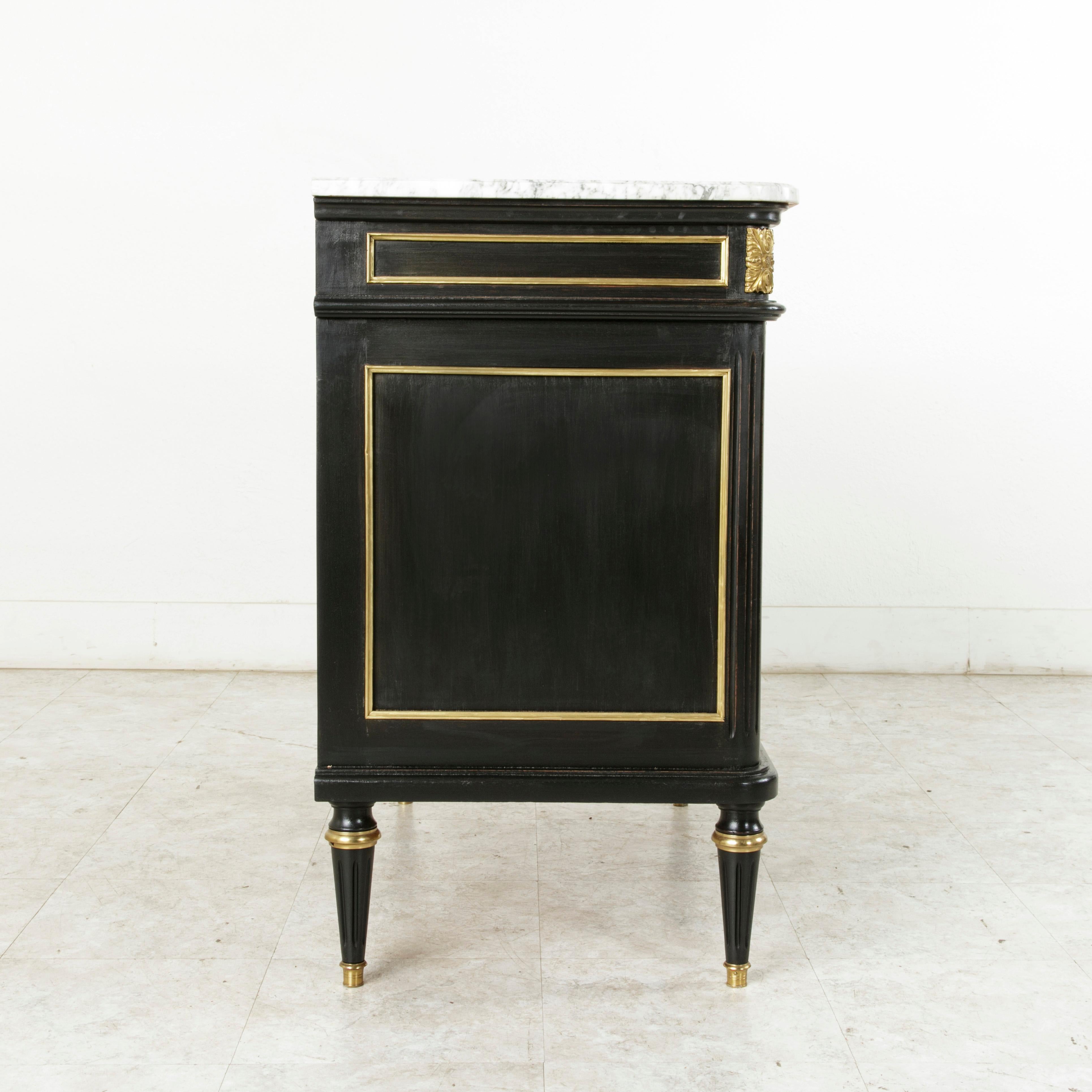 Midcentury French Black Painted Louis XVI Buffet with White Marble Top 1