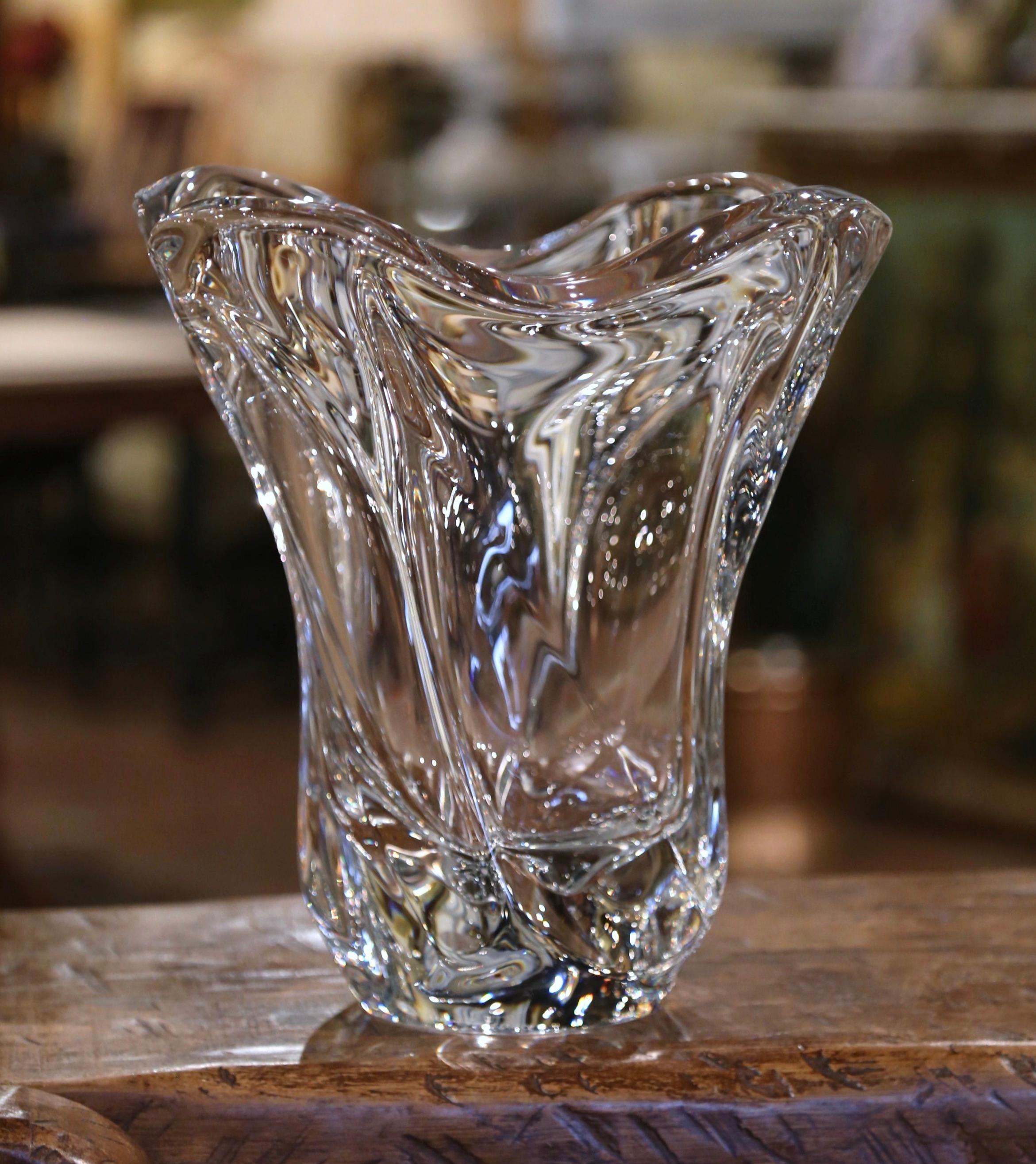 Art Deco Mid-Century French Blown Clear Crystal Vase For Sale