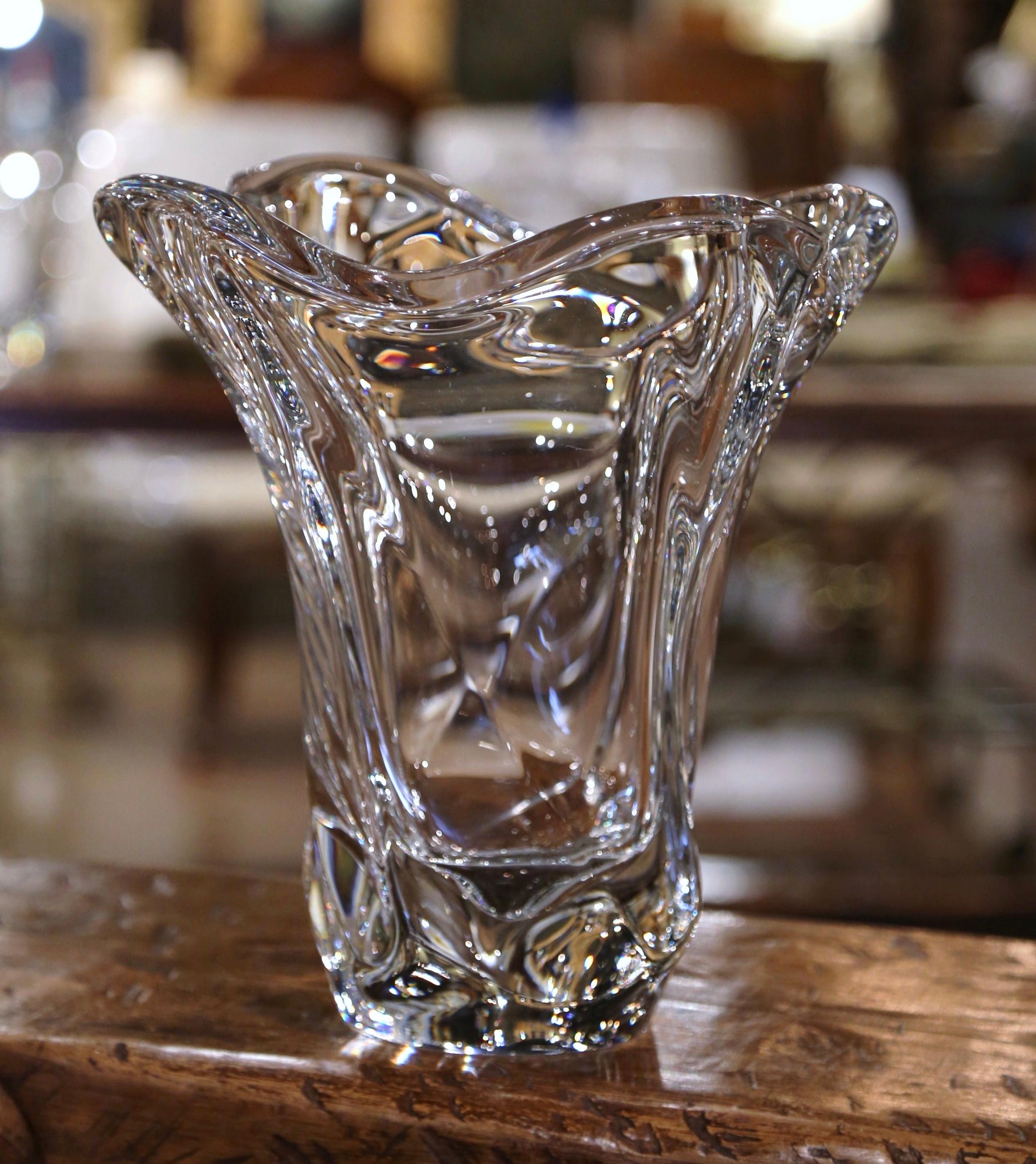 Hand-Crafted Mid-Century French Blown Clear Crystal Vase For Sale