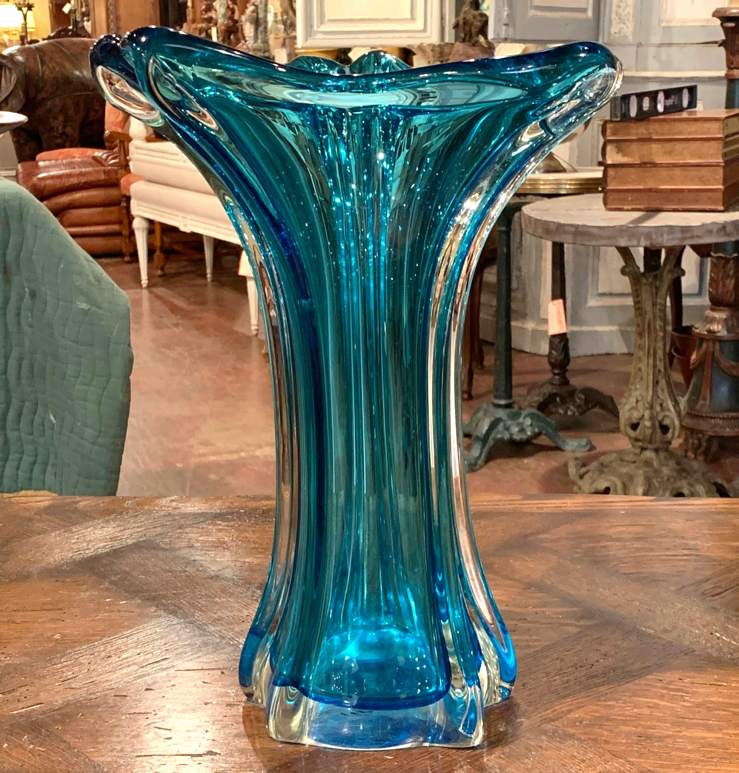 Hand-Crafted Midcentury French Blue Art Deco Blown Glass Vase