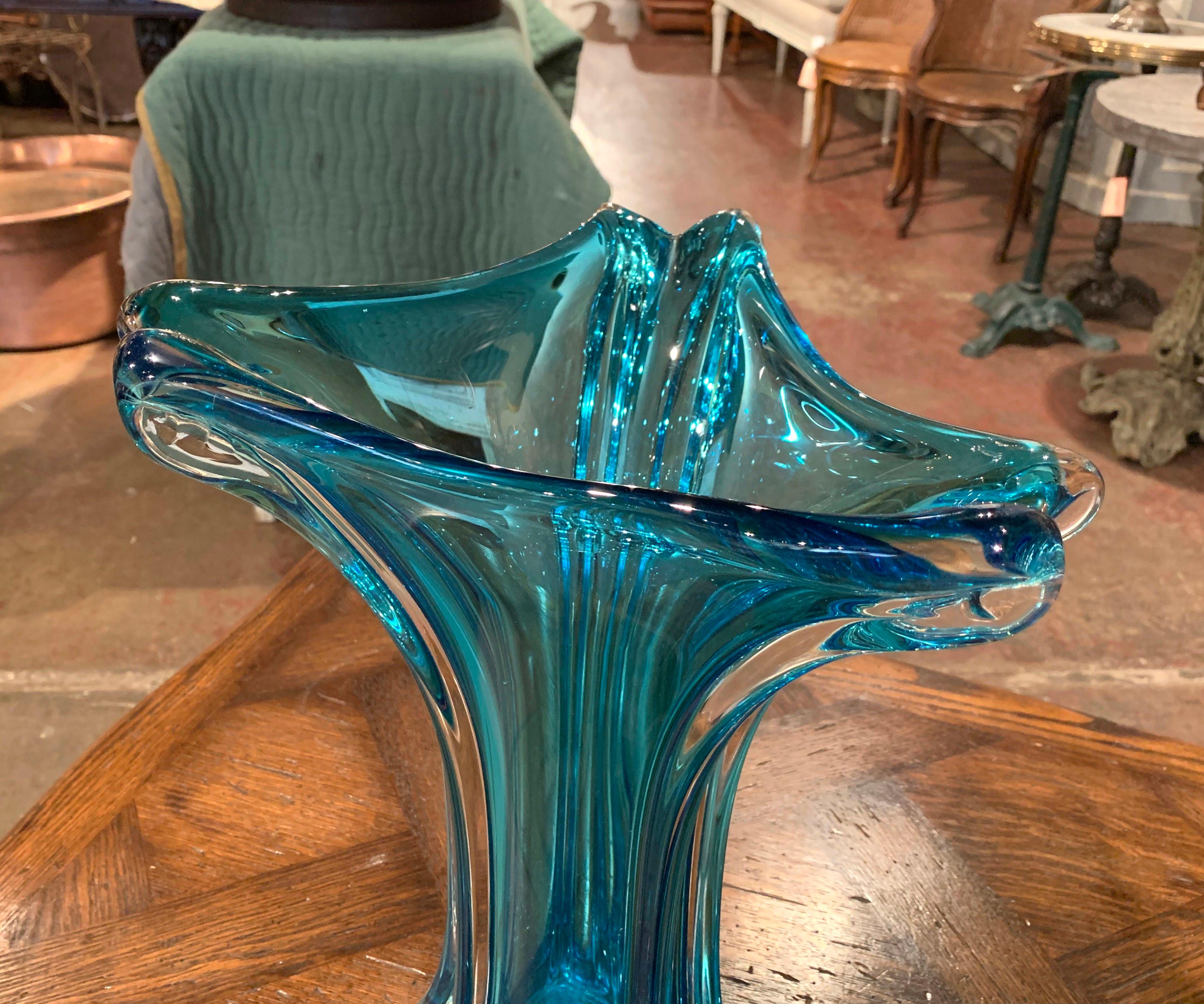 Midcentury French Blue Art Deco Blown Glass Vase In Excellent Condition In Dallas, TX