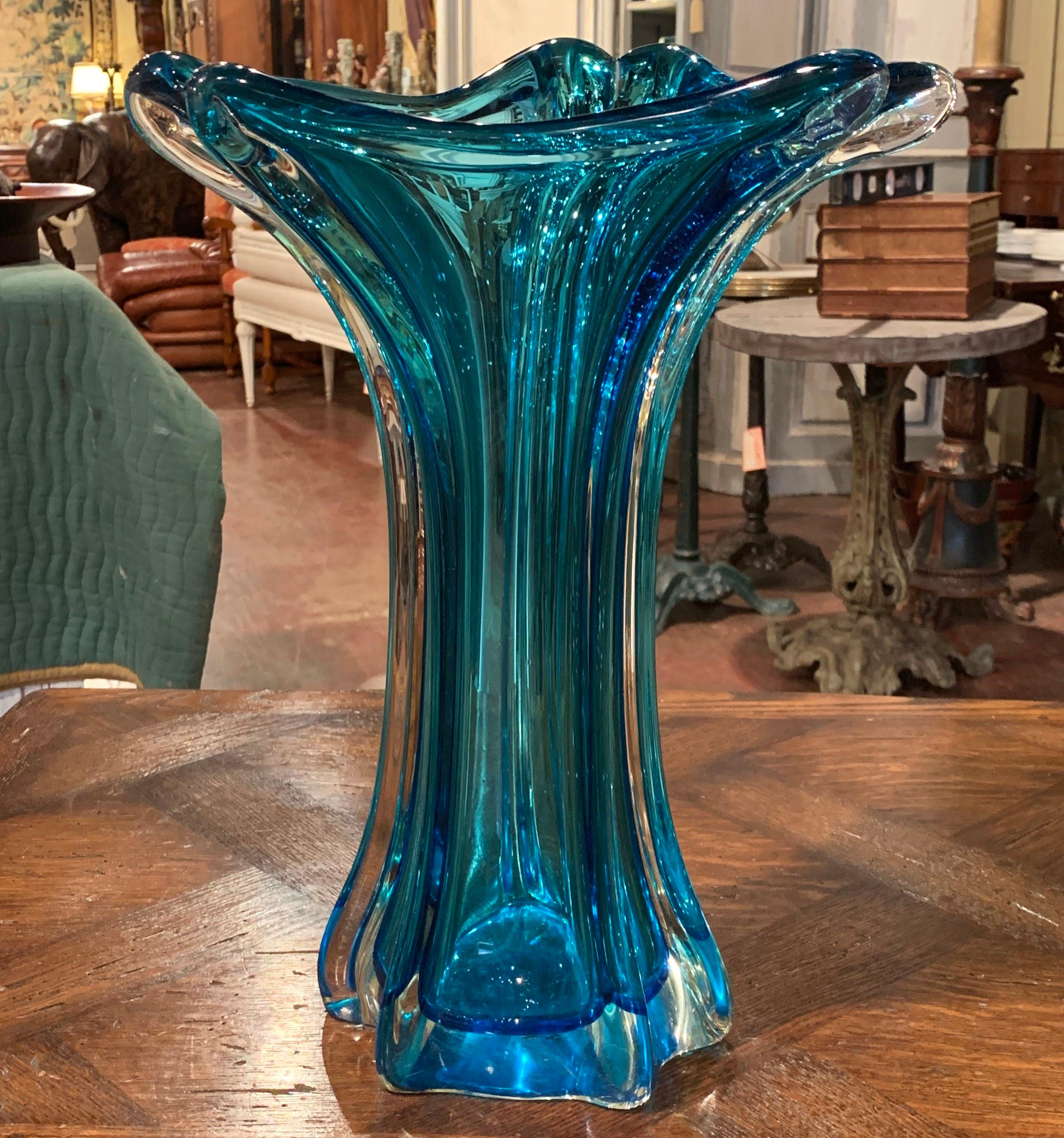 20th Century Midcentury French Blue Art Deco Blown Glass Vase