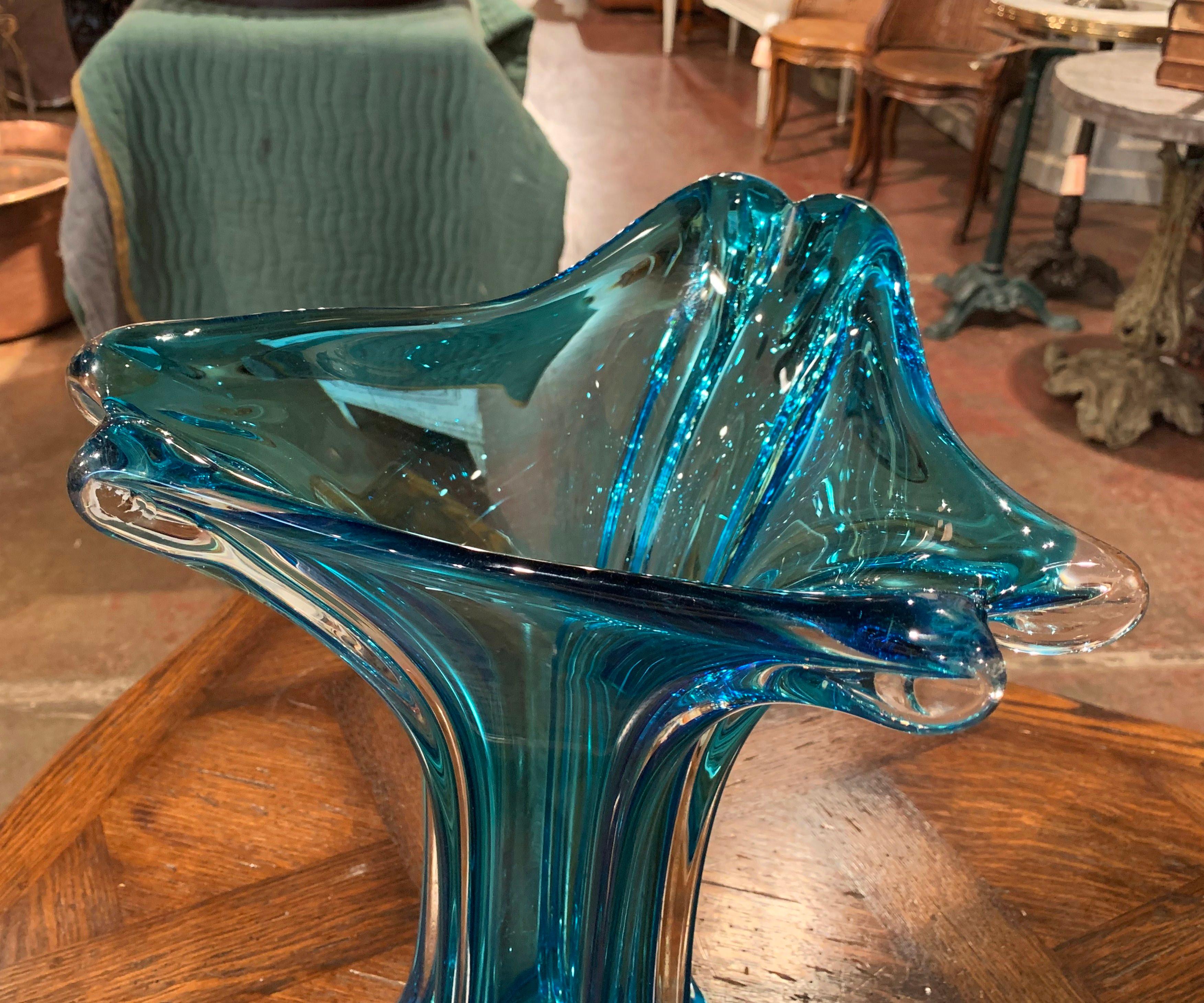 Midcentury French Blue Art Deco Blown Glass Vase 1