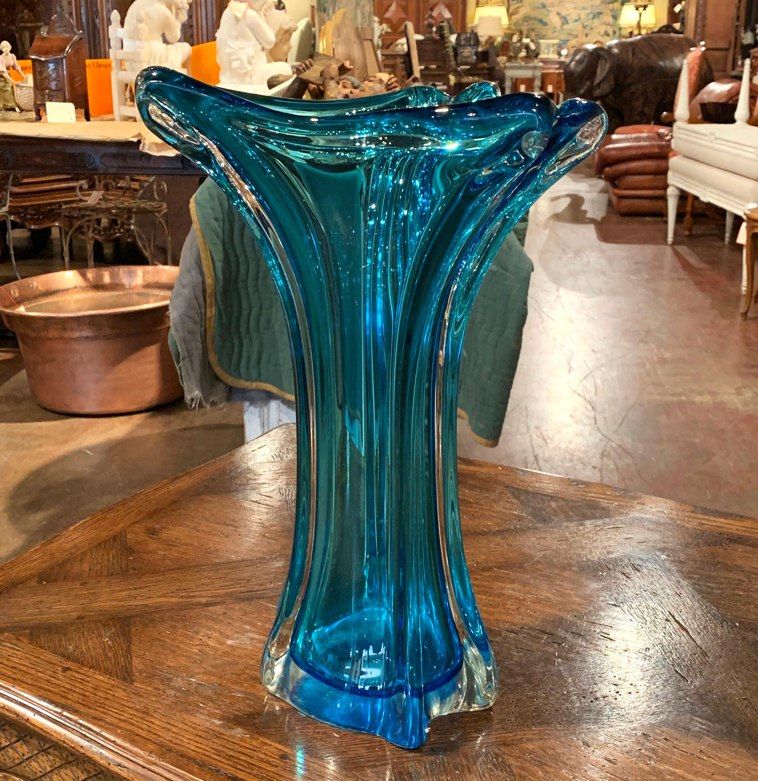 Midcentury French Blue Art Deco Blown Glass Vase 2