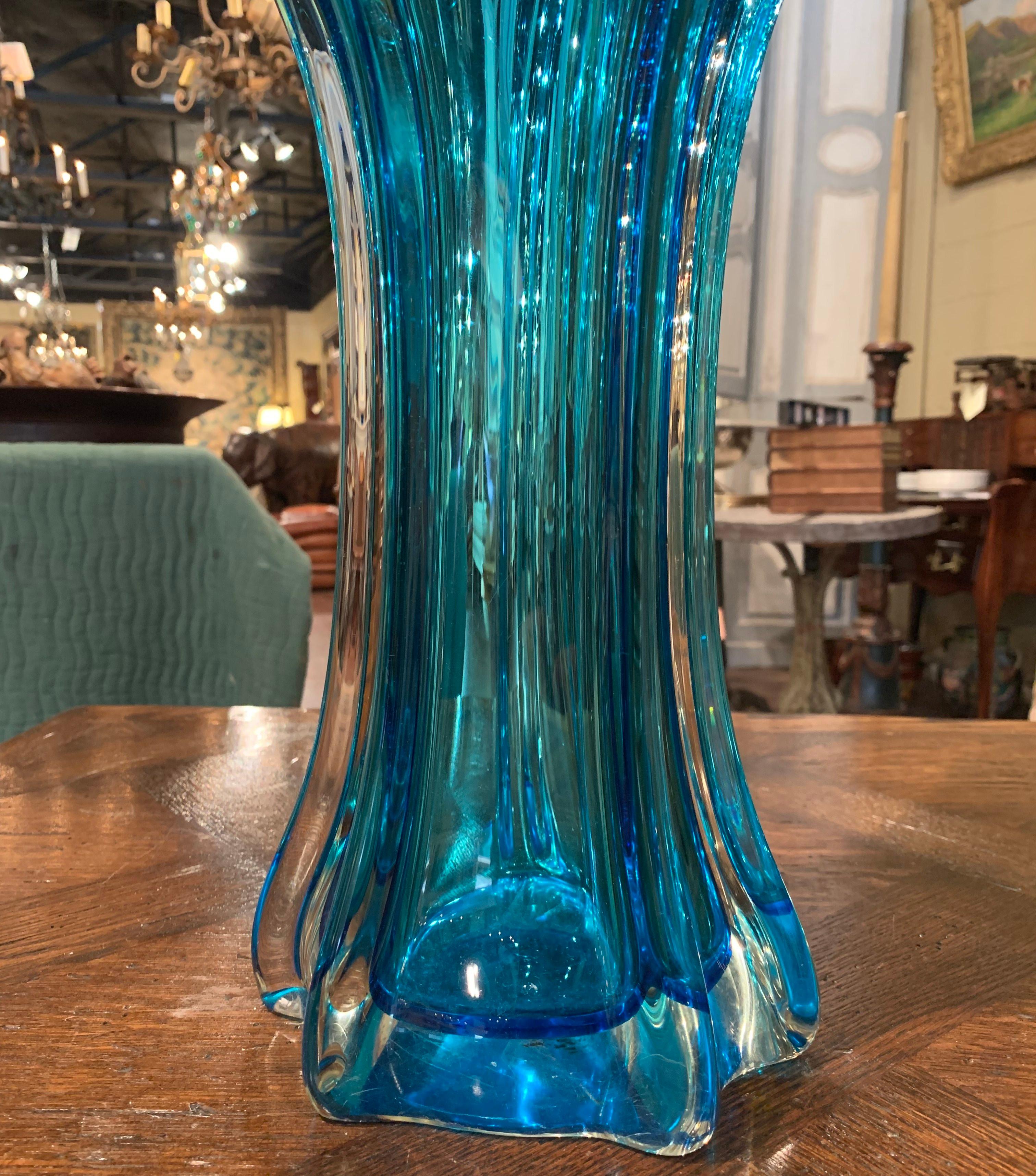 Midcentury French Blue Art Deco Blown Glass Vase 3