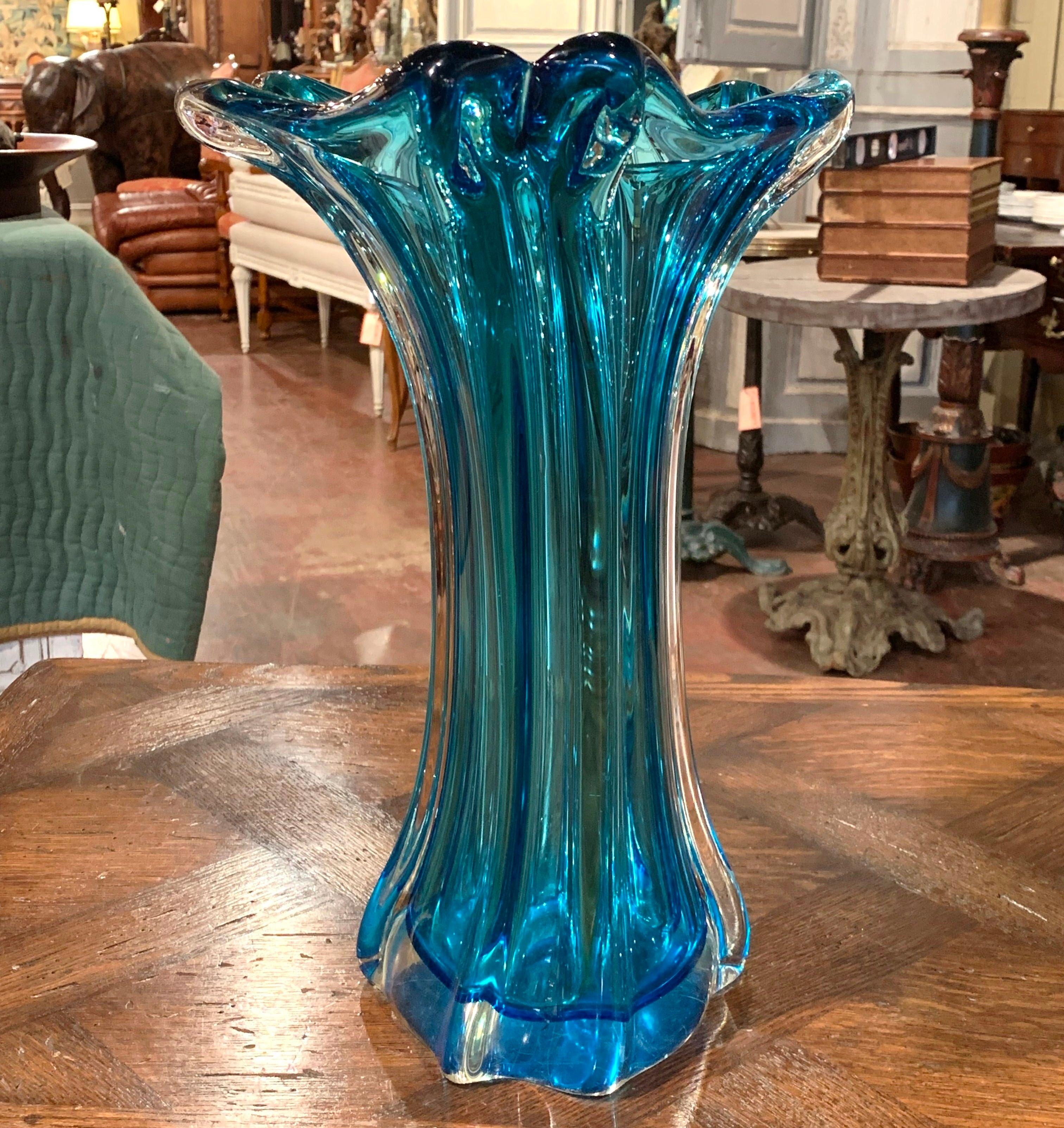 Midcentury French Blue Art Deco Blown Glass Vase 4