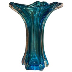 Midcentury French Blue Art Deco Blown Glass Vase