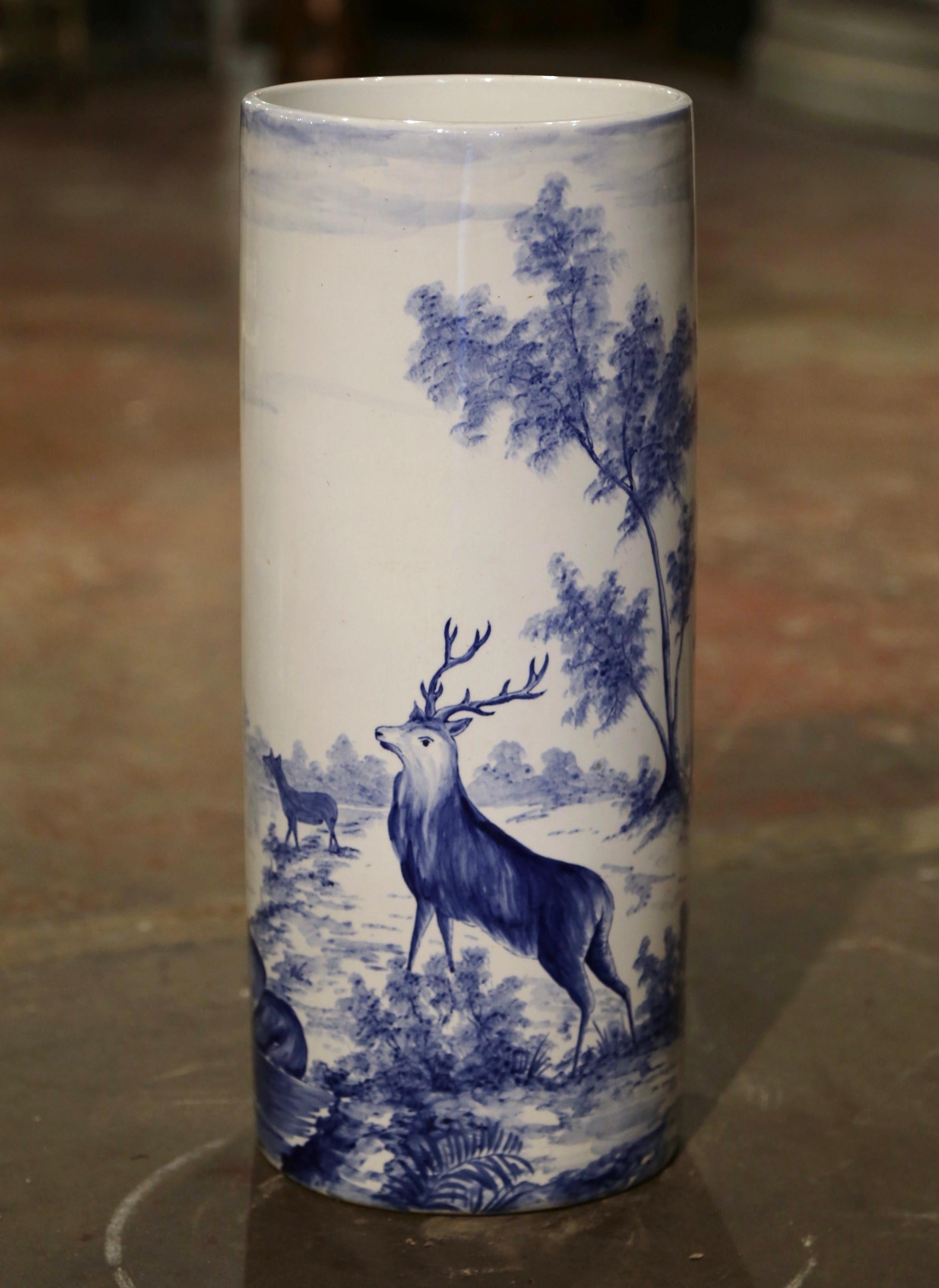 Hand-Painted Mid-Century French Blue & White Painted Porcelain Umbrella Stand by Onnaing For Sale