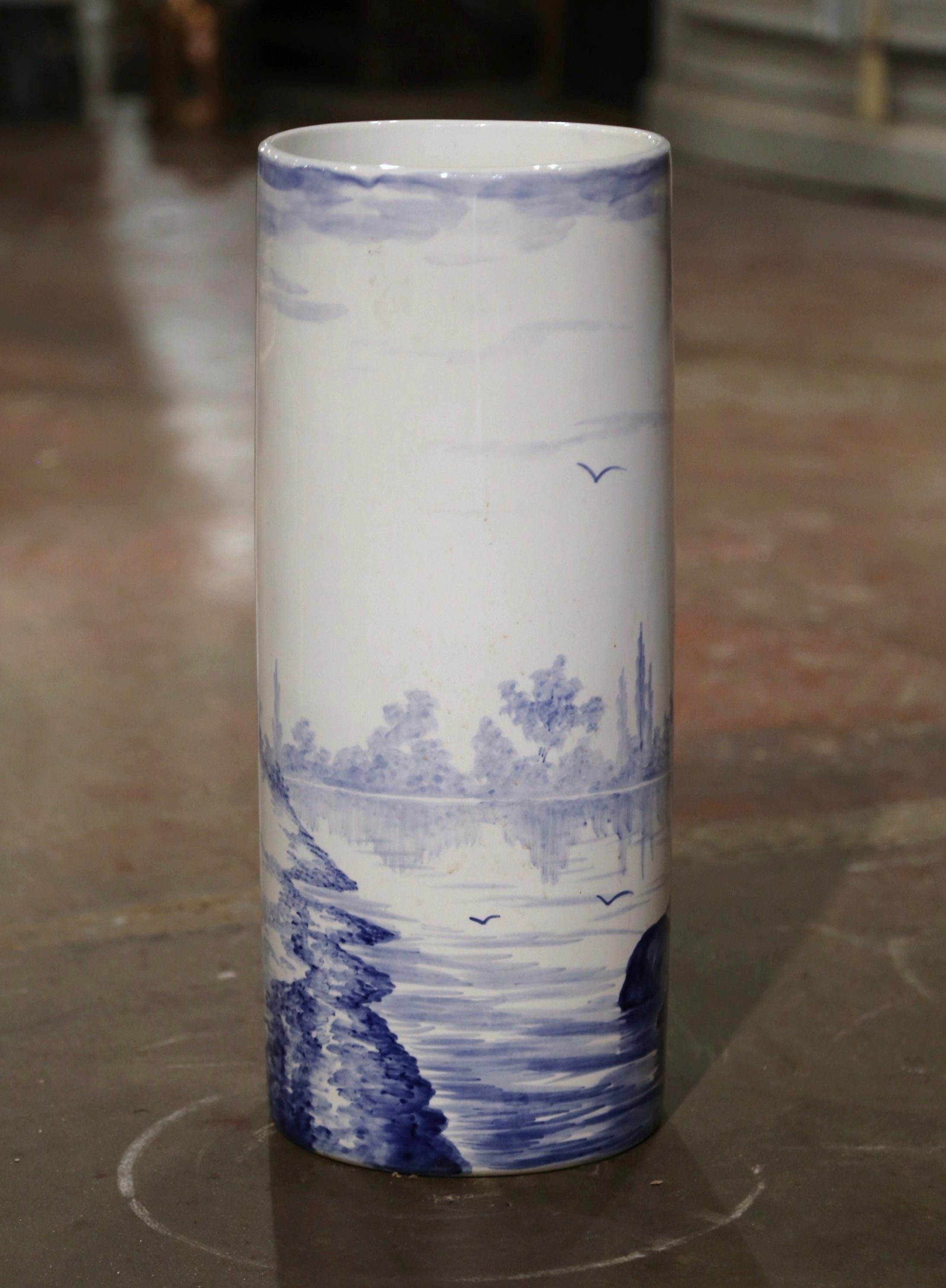 Mid-Century French Blue & White Painted Porcelain Umbrella Stand by Onnaing In Excellent Condition For Sale In Dallas, TX
