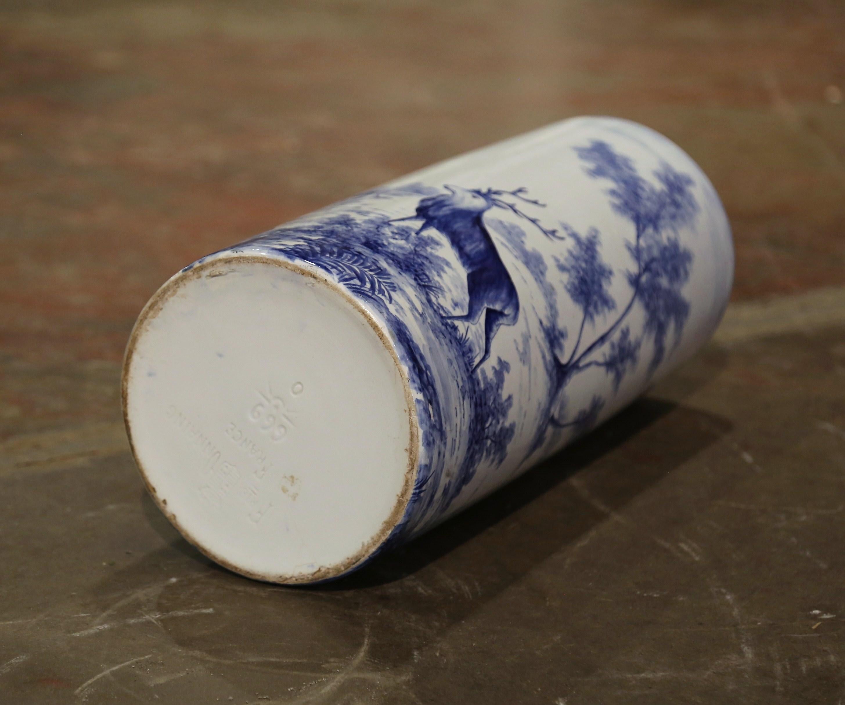 20th Century Mid-Century French Blue & White Painted Porcelain Umbrella Stand by Onnaing For Sale