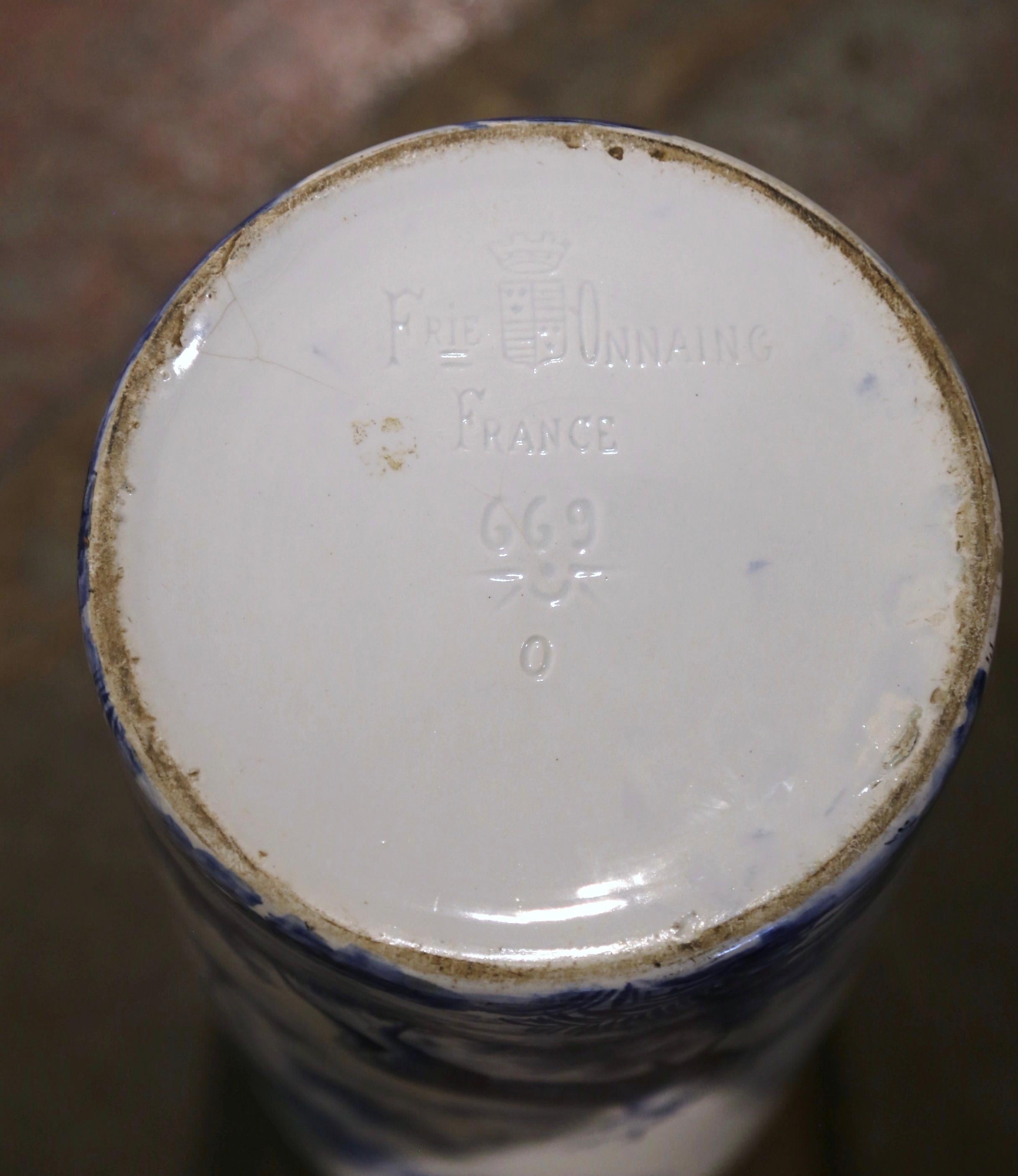 Mid-Century French Blue & White Painted Porcelain Umbrella Stand by Onnaing For Sale 1