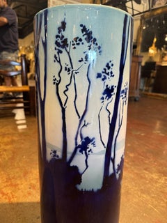 Mid-Century French Blue & White Painted Porcelain Umbrella Stand