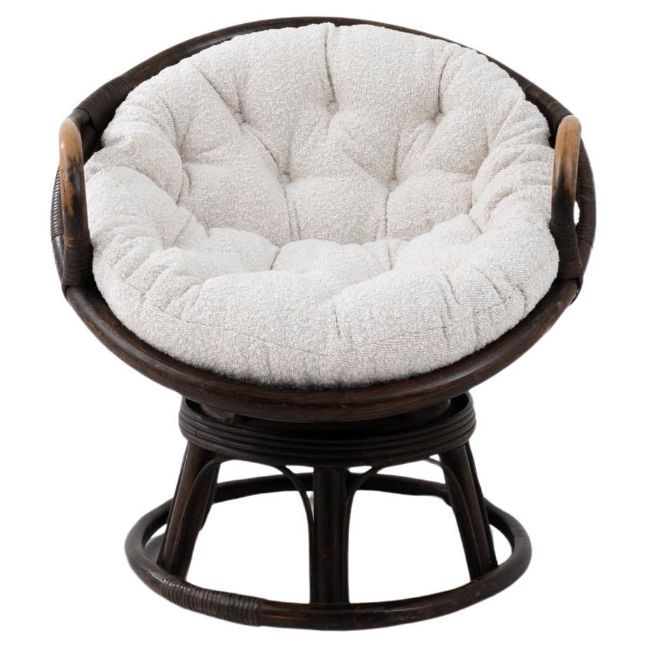 Mid-Century French Bouclé Cushioned Papasan Chair For Sale