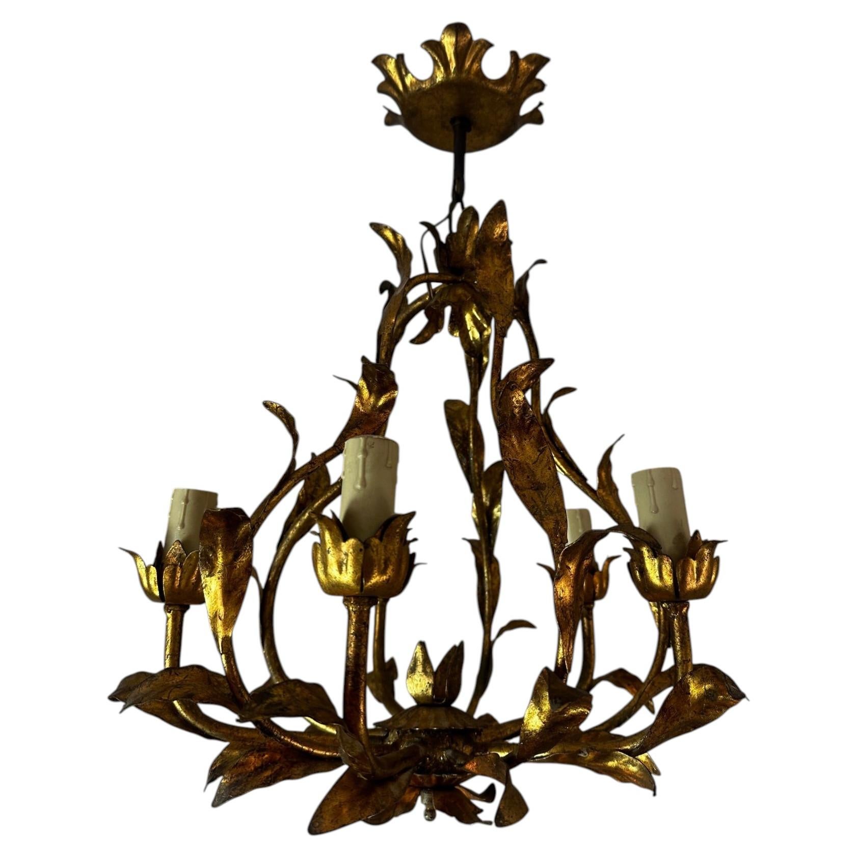 Mid-century French Brass 5 lights Chandelier, 1950s