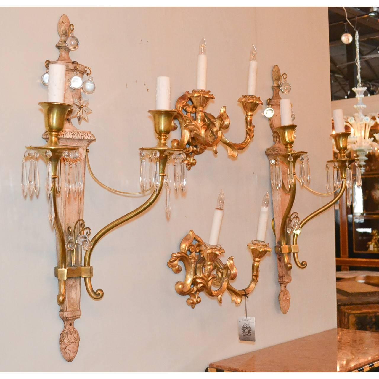 Mid-Century Modern Midcentury French Brass and Crystal Pair of Sconces