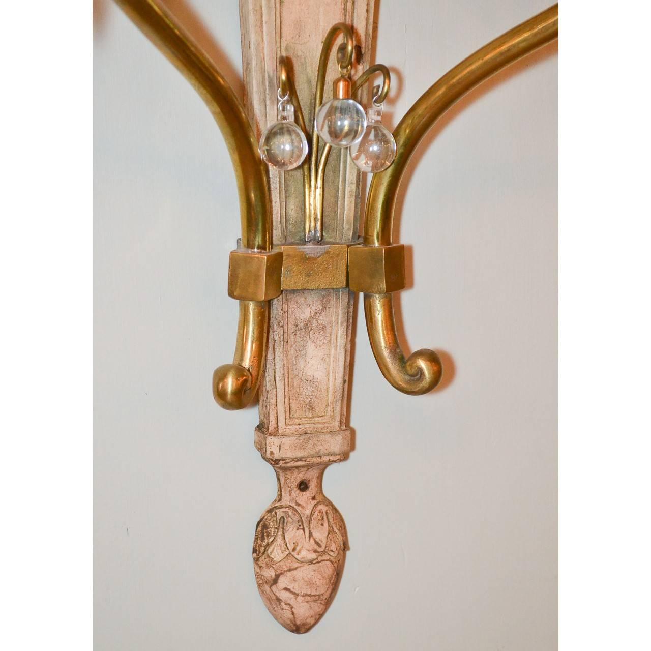Midcentury French Brass and Crystal Pair of Sconces In Good Condition In Dallas, TX