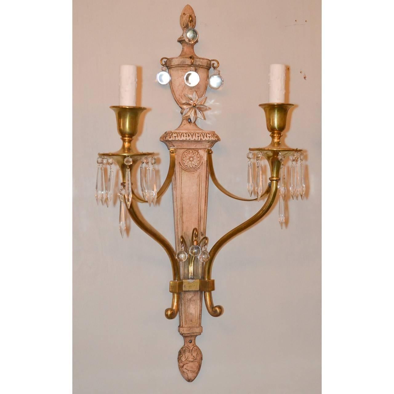 Midcentury French Brass and Crystal Pair of Sconces 1