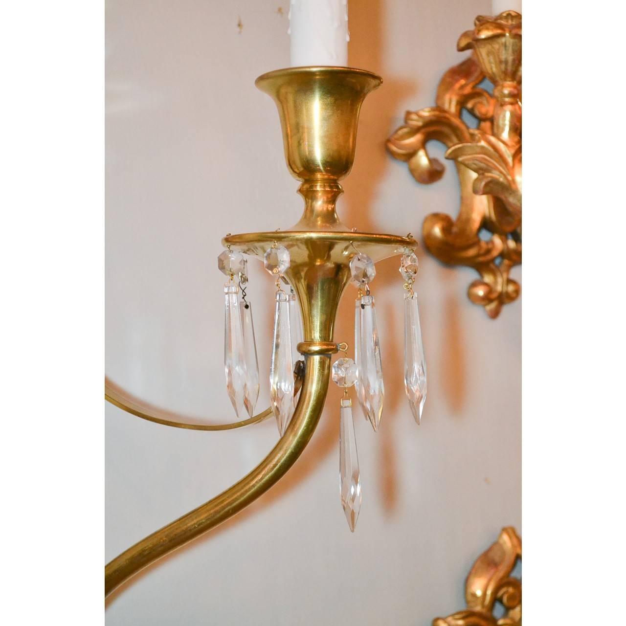 Midcentury French Brass and Crystal Pair of Sconces 2