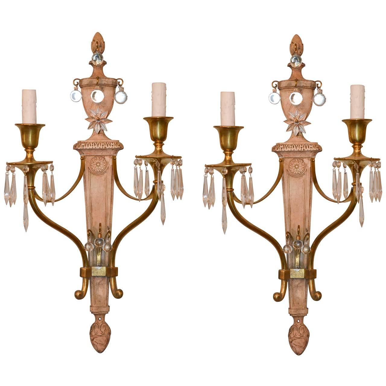Midcentury French Brass and Crystal Pair of Sconces