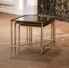 Tables gigognes en laiton et verre églomisé de la Maison Bagues, milieu du siècle dernier