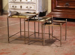 Midcentury French Brass and Églomisé Glass Nesting Tables from Maison Baguès