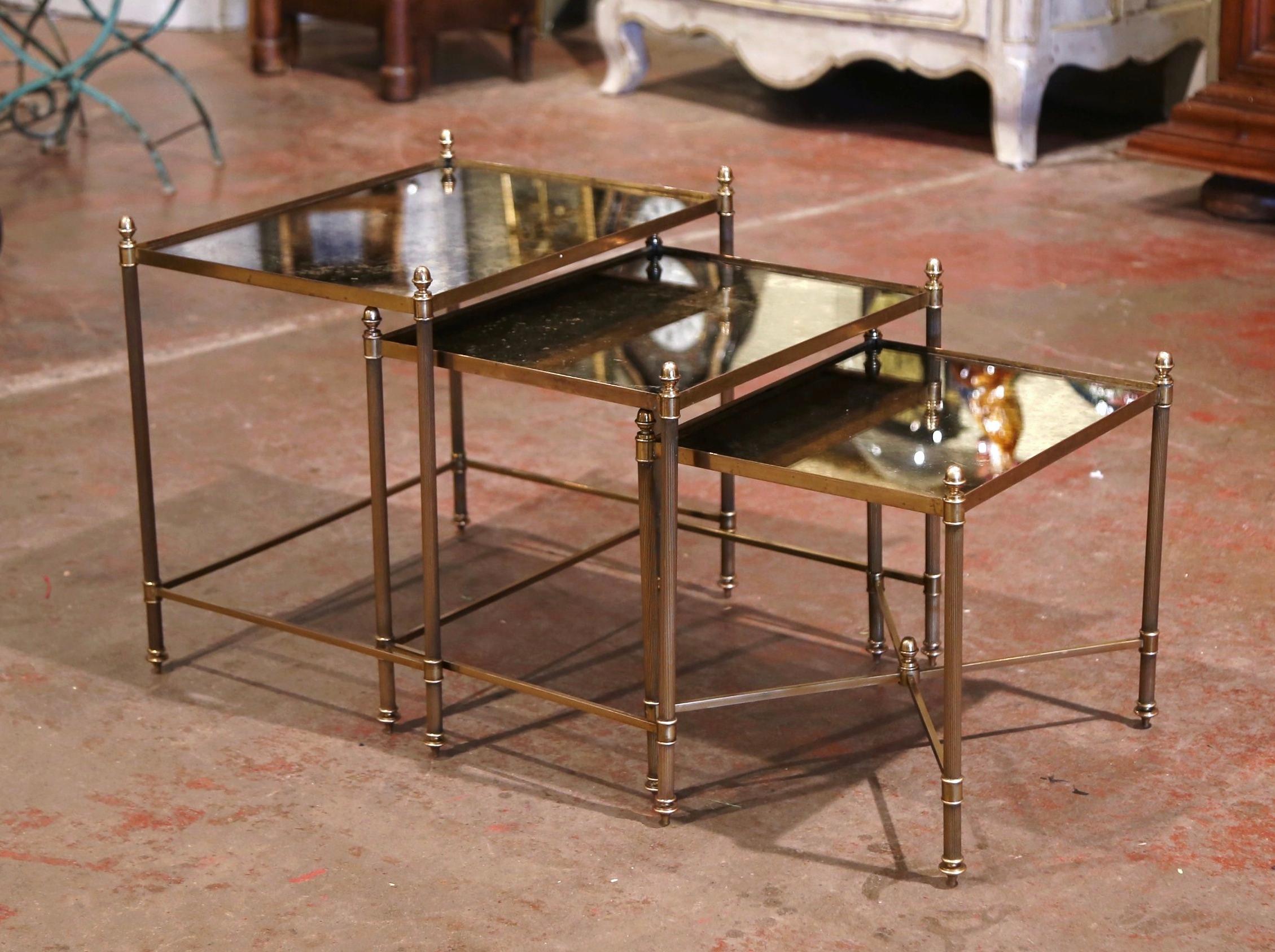 Neoclassical Midcentury French Brass and Églomisé Glass Nesting Tables from Maison Baguès
