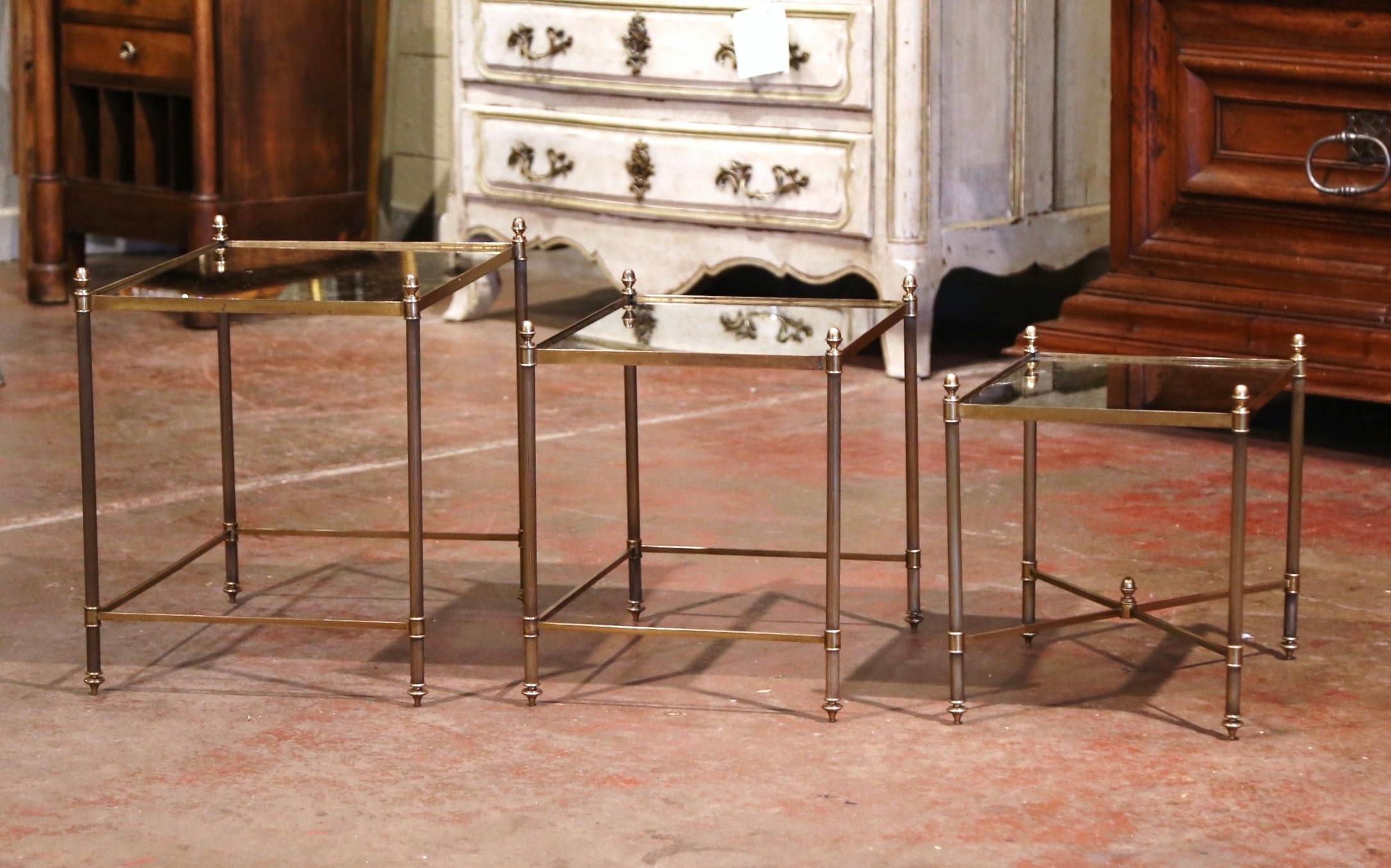 Hand-Crafted Midcentury French Brass and Églomisé Glass Nesting Tables from Maison Baguès
