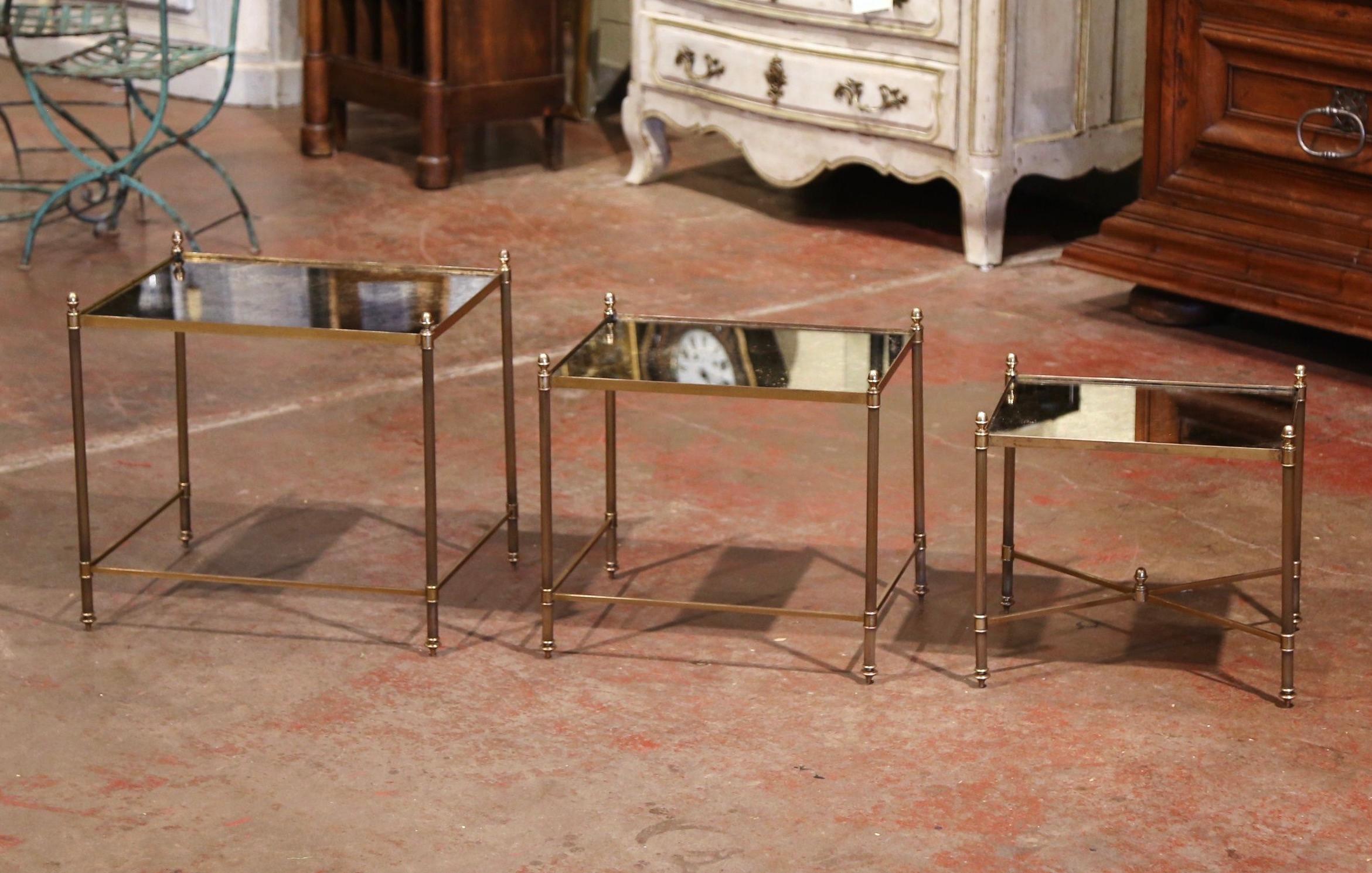 20th Century Midcentury French Brass and Églomisé Glass Nesting Tables from Maison Baguès