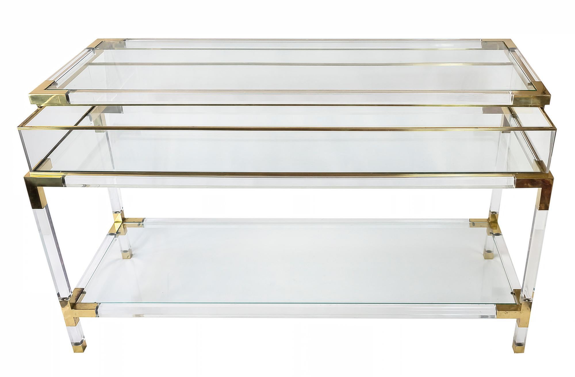 Mid-century French console table/showcase/vitrine with glass top and lower shelve, plexi glass, brass details.
The top is sliding to one side.