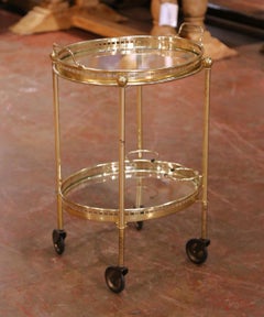 Mid-Century French Brass and Glass Two-Tier Bar Cart on Casters