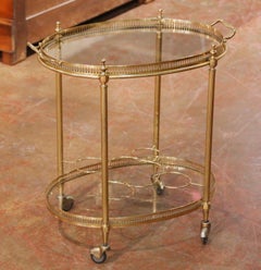 Mid-Century French Brass and Glass Two-Tier Bar Cart with Removable Tray