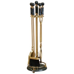 Mid-Century French Brass and Green Marble Five-Piece Fireplace Tool Set