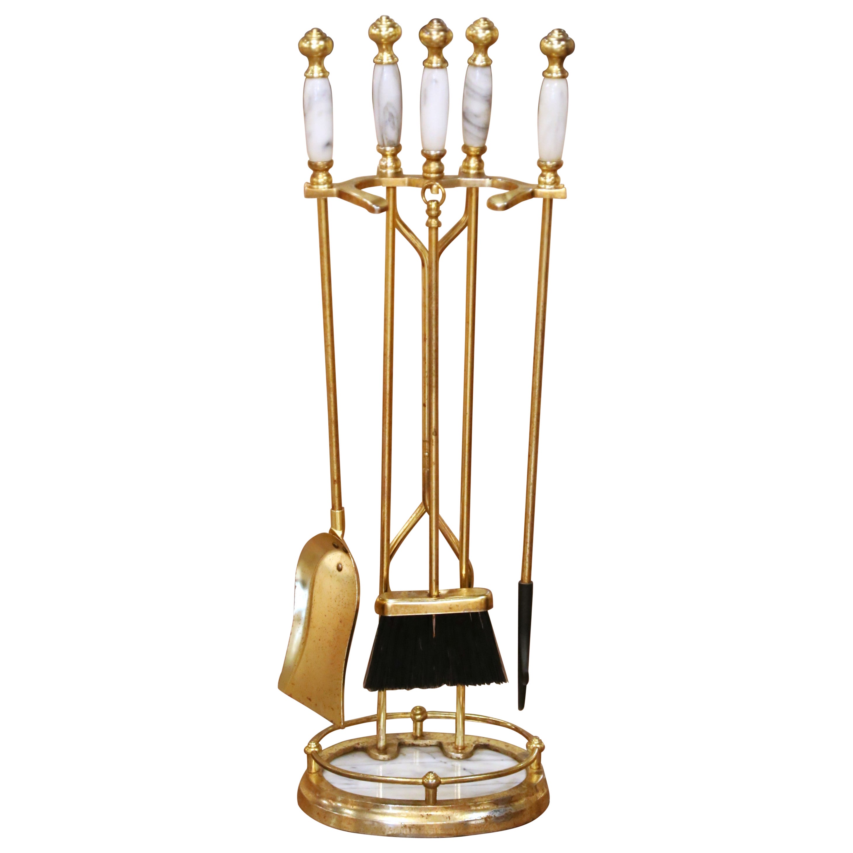 Mid-Century French Brass and Marble Five-Piece Fireplace Tool Set with Stand
