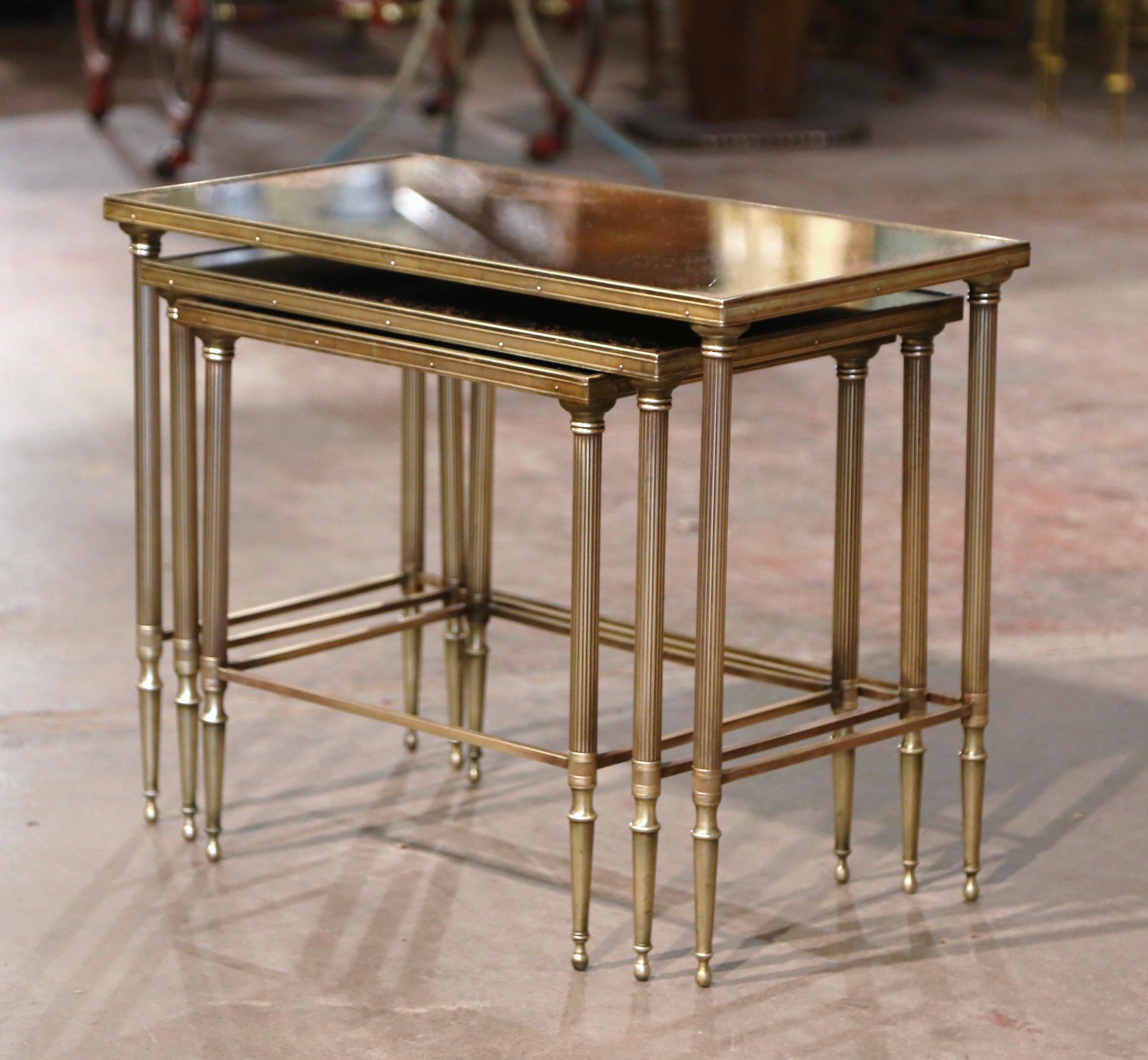 Mid-Century French Brass and Mirrored Glass Nesting Tables Maison Baguès Style 4