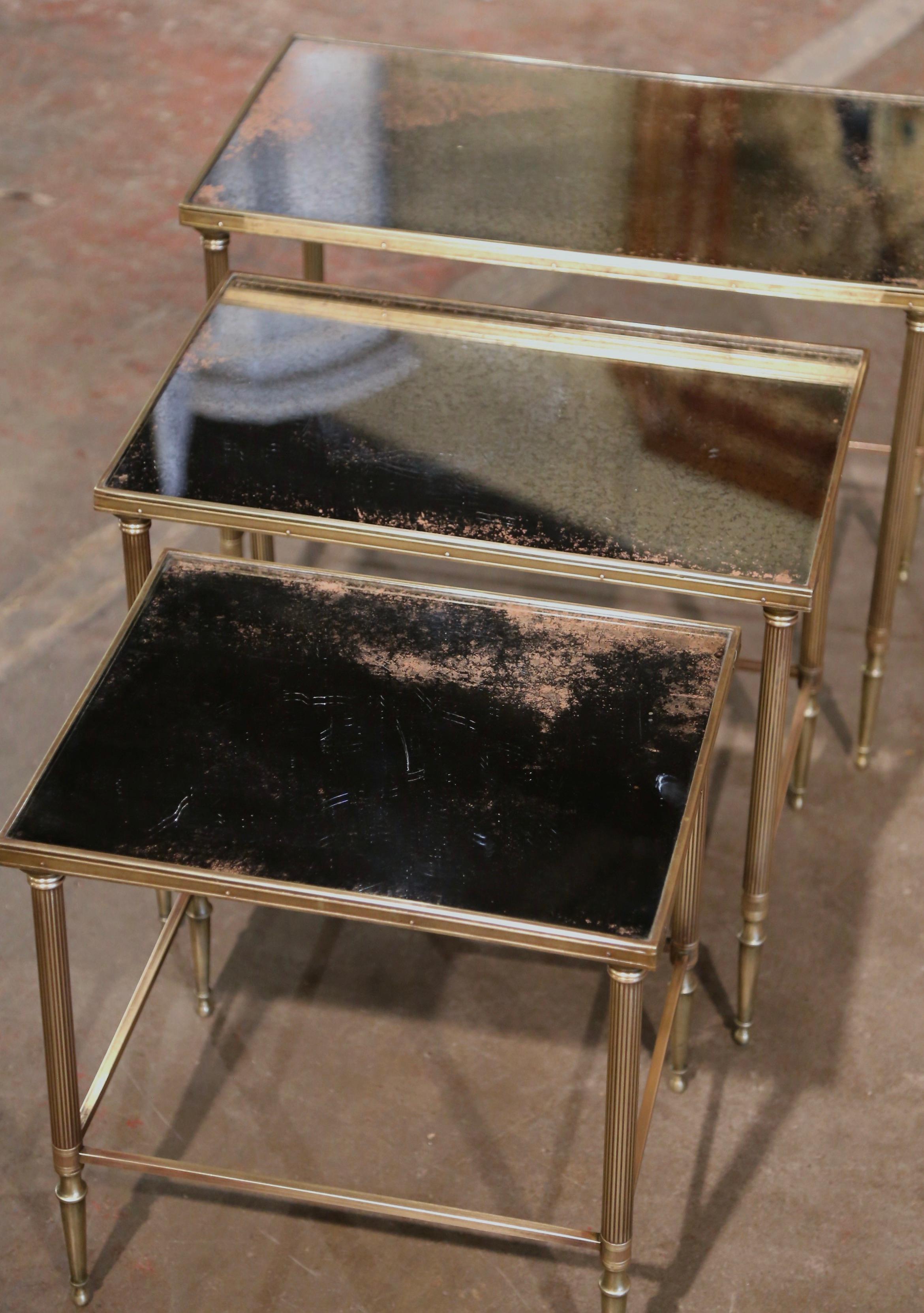 Mid-Century French Brass and Mirrored Glass Nesting Tables Maison Baguès Style 1