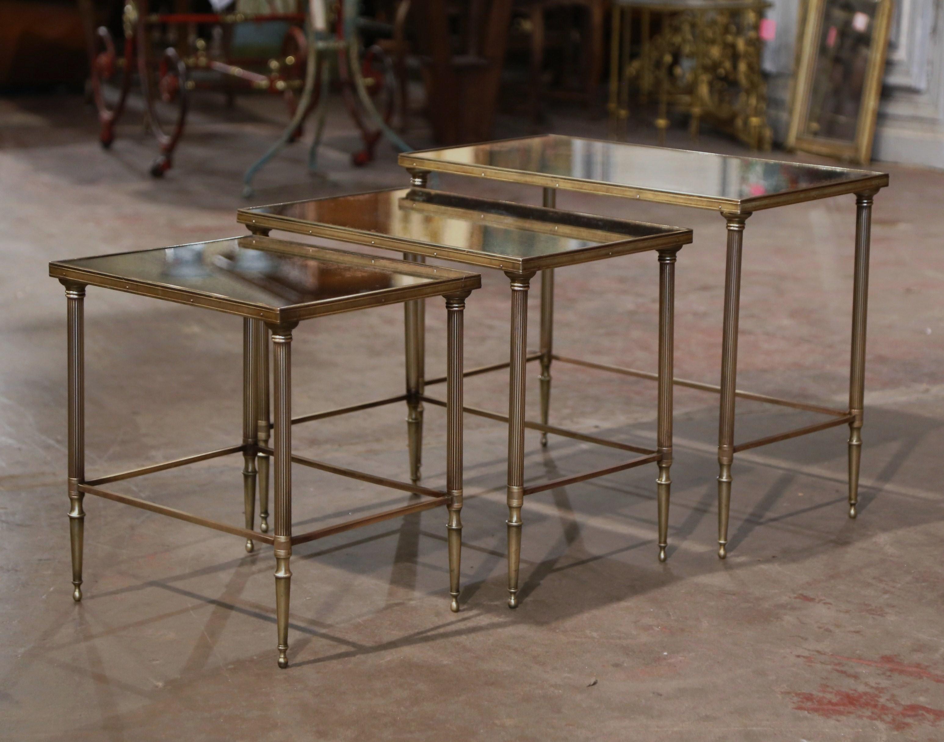 Mid-Century French Brass and Mirrored Glass Nesting Tables Maison Baguès Style 3