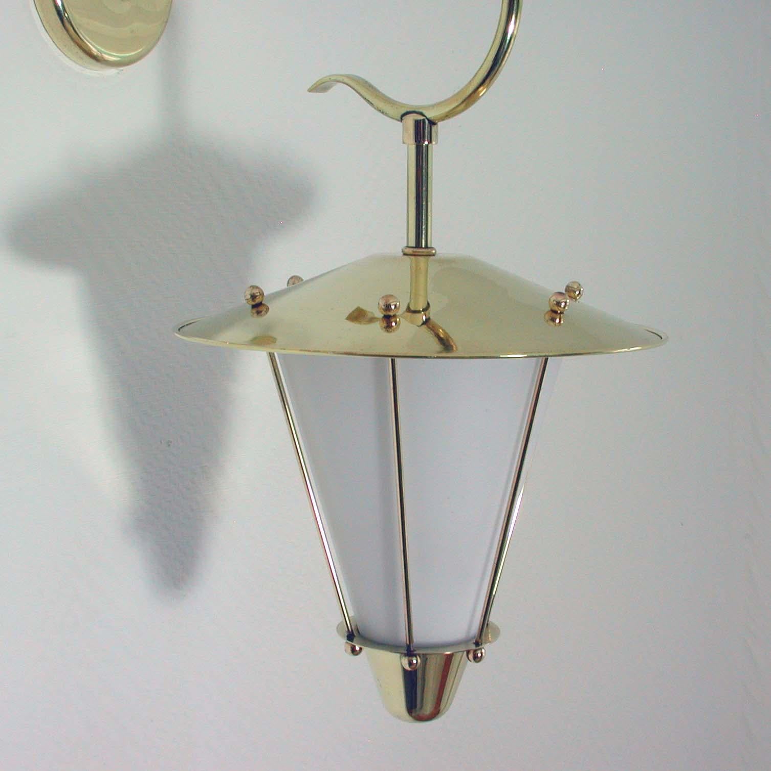 Midcentury French Brass and Opaline Lantern Sconce Wall Light 1950s 5