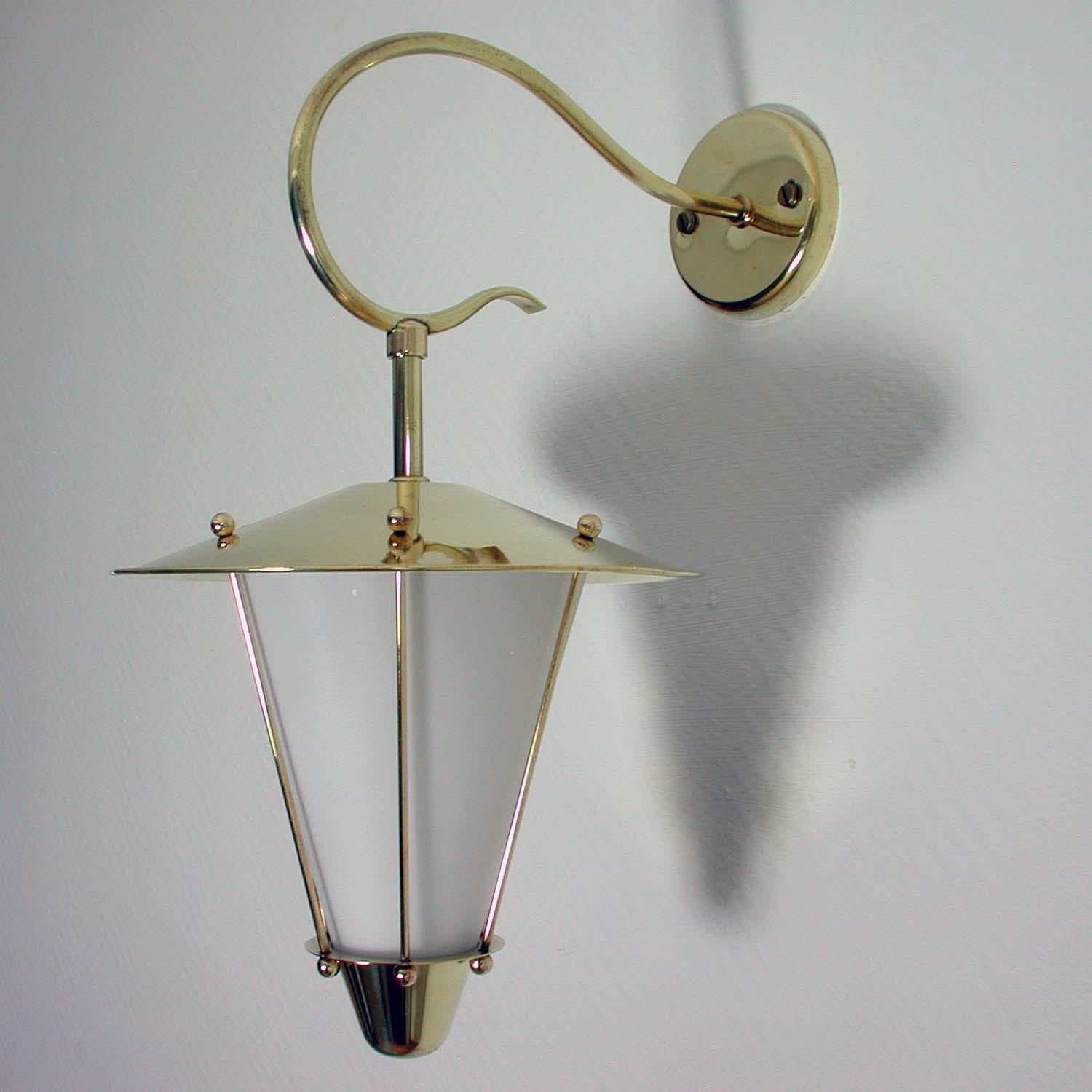 Midcentury French Brass and Opaline Lantern Sconce Wall Light 1950s 6
