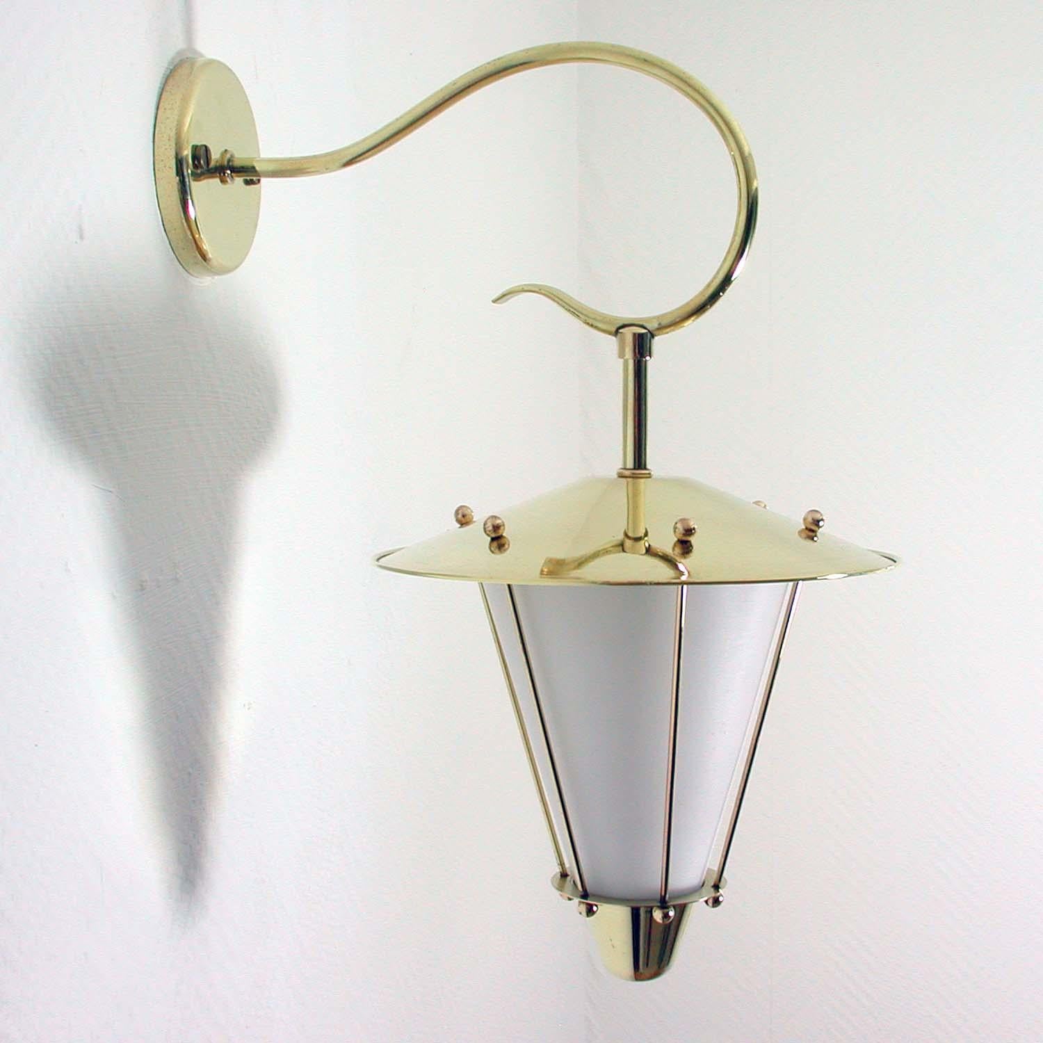 Midcentury French Brass and Opaline Lantern Sconce Wall Light 1950s 7