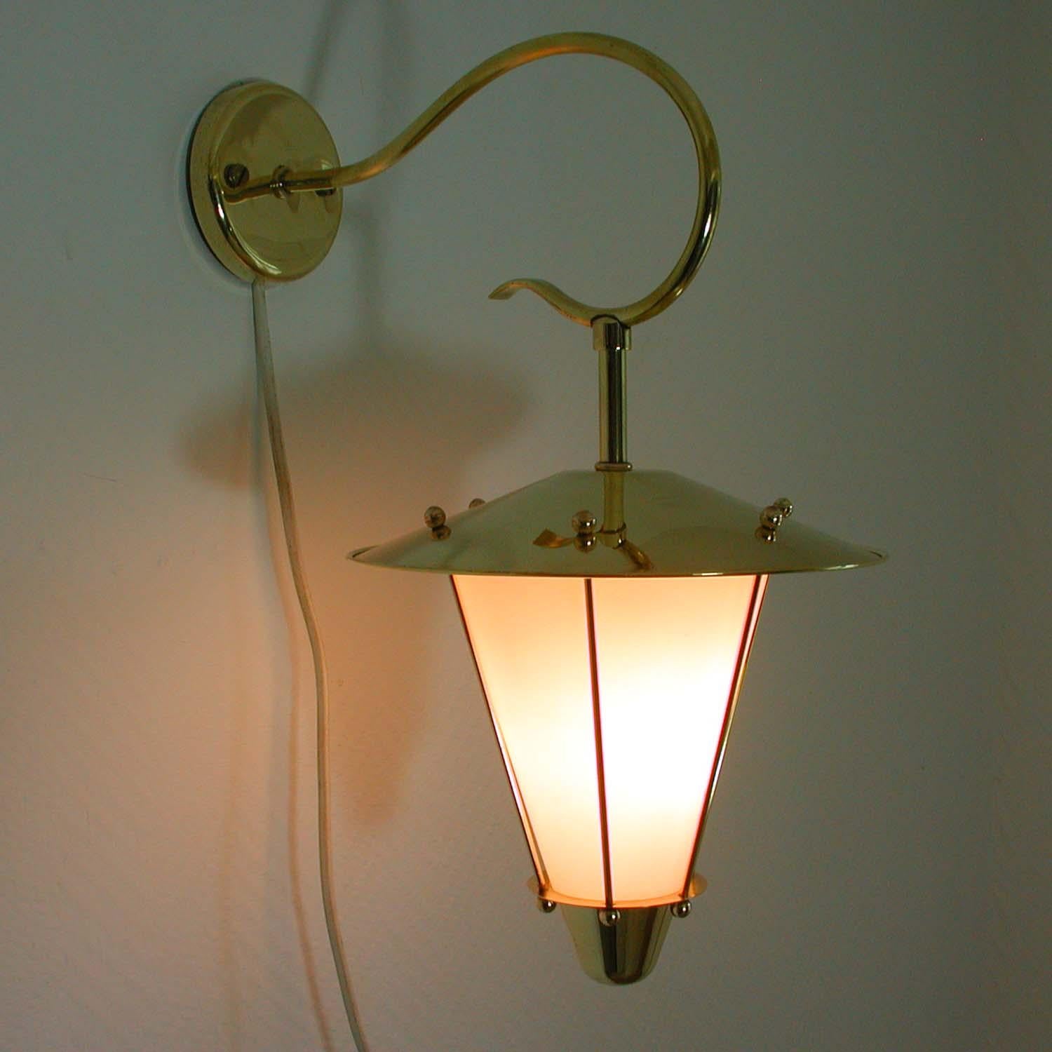 Midcentury French Brass and Opaline Lantern Sconce Wall Light 1950s 8