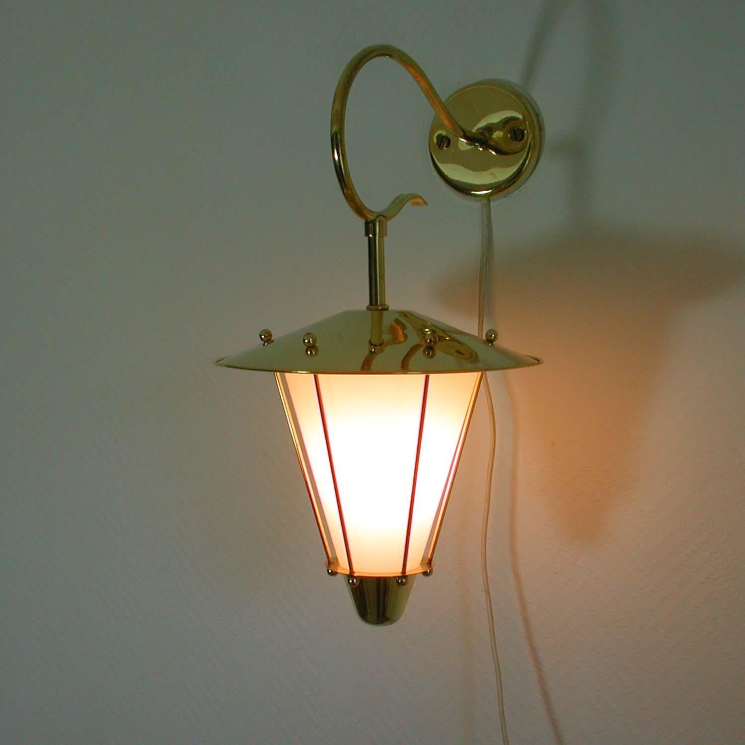 Midcentury French Brass and Opaline Lantern Sconce Wall Light 1950s 9